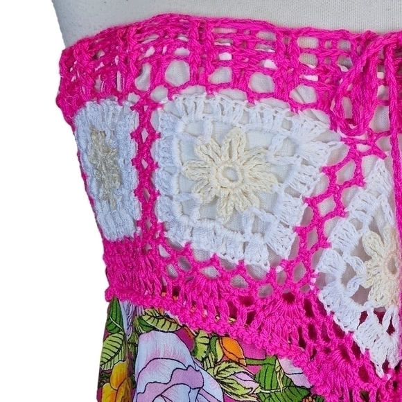 CONVERTIBLE Crochet Top Pink Floral Midi Dress Maxi Skirt Size M - Picture 4 of 16